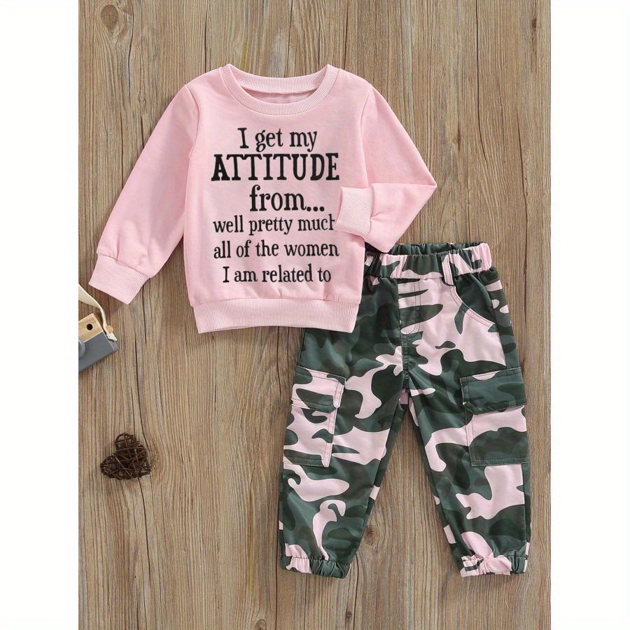 

Cozy Cotton Girls' 2pcs Outfit Set: Long Sleeve Letter Print Sweatshirt & Stretch Camo Pants - Crew Neck, Pockets, Machine Washable - Spring/fall, Outdoor