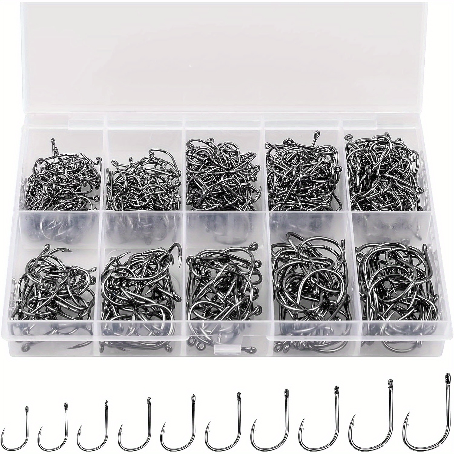 

300 Pcs Premium Fishing Hooks, 10 Sizes/4 Sizes Carbon Steel Fishing Hooks W/portable Plastic Box, Strong Sharp Fish Hook With Barbs For Freshwater/seawater
