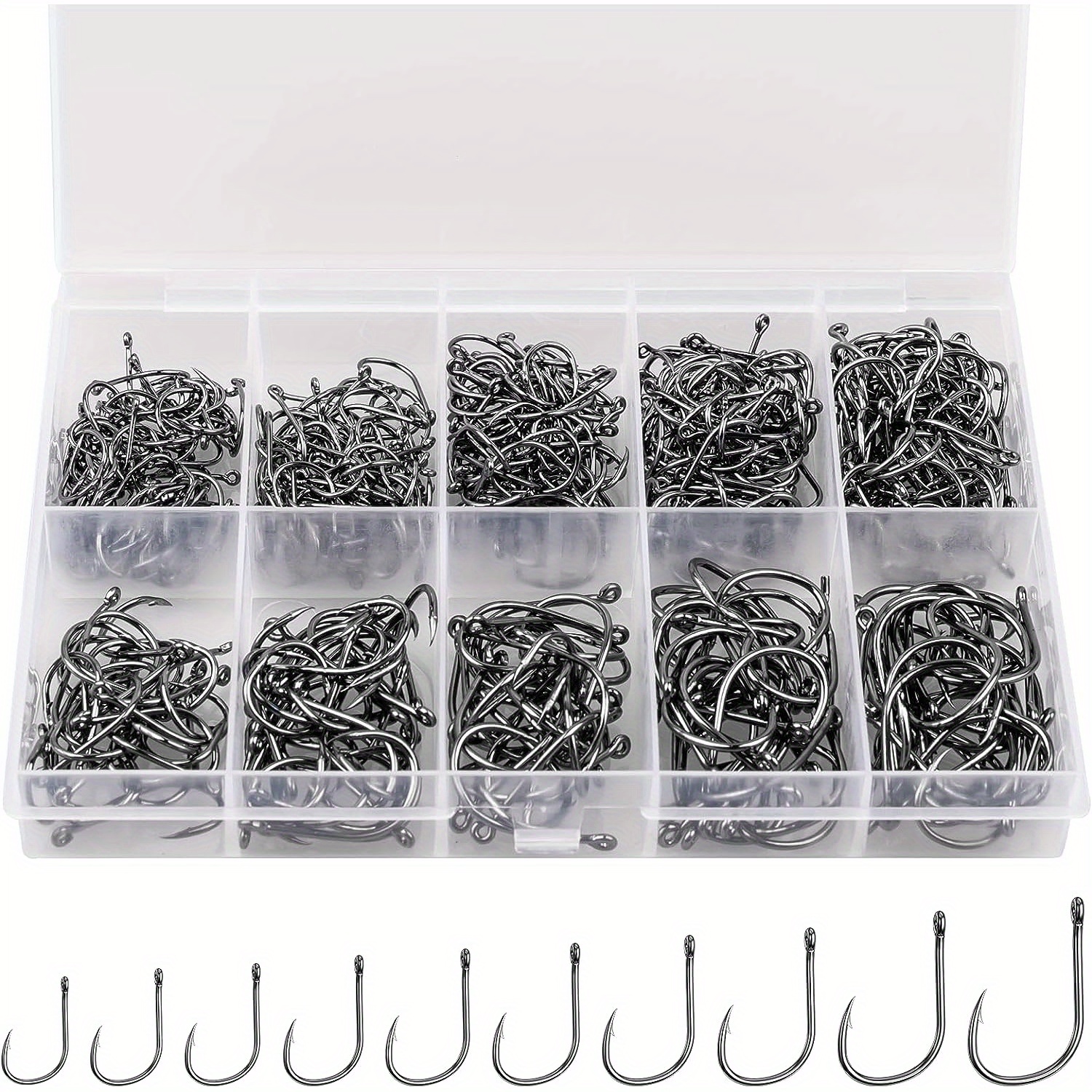 

300 Pcs Fishing Hooks, 10 /4 Steel Fishing Hooks W/portable Plastic Box, Sharp Barbs For /