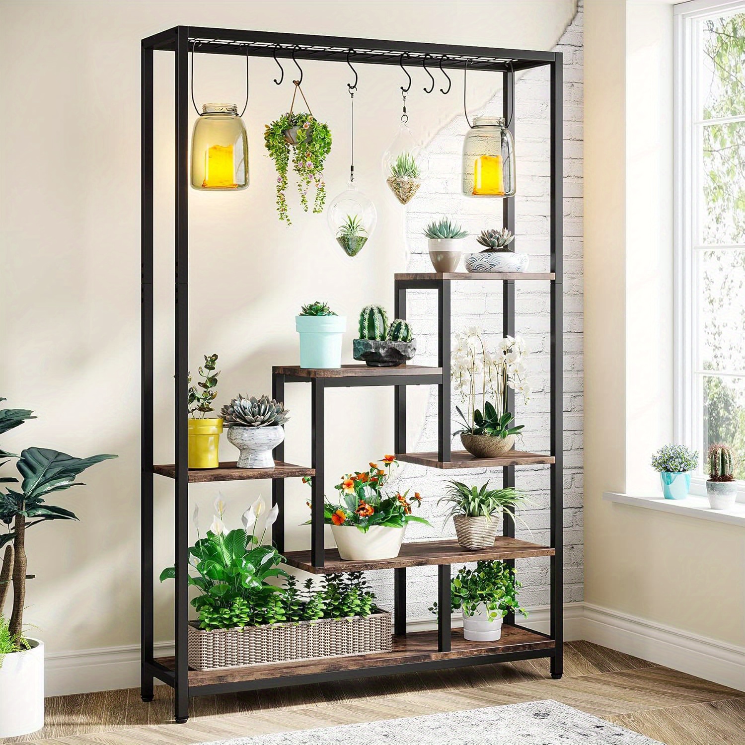 5 tier large metal plant stand with wooden shelves 6 s hooks multi purpose indoor display rack for plants bonsai and decor   home garden balcony or living room  