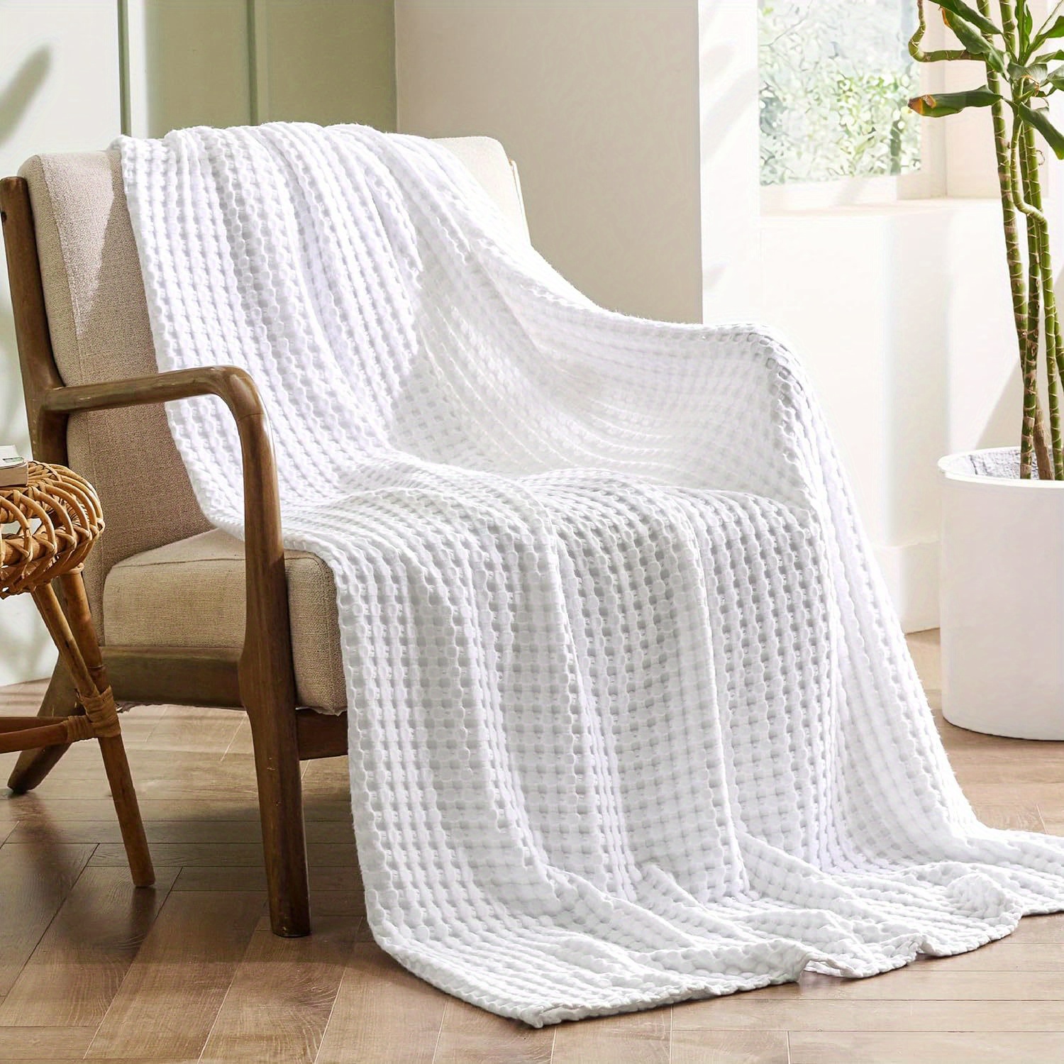 

1pc Cooling Cotton Waffle Blanket - Lightweight Breathable Blanket Of Rayon Derived From Bamboo For Hot Sleepers, Luxury Throws For Bed, Couch And Sofa