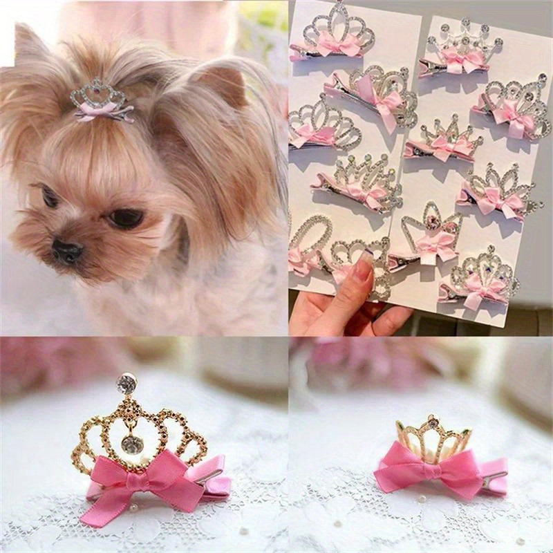 

3 Pcs Heart Pattern Pet Grooming Hair Accessories - Dog Hair Clip Crown With Bows, Multicolor Puppy Cat Headwear Hairpins