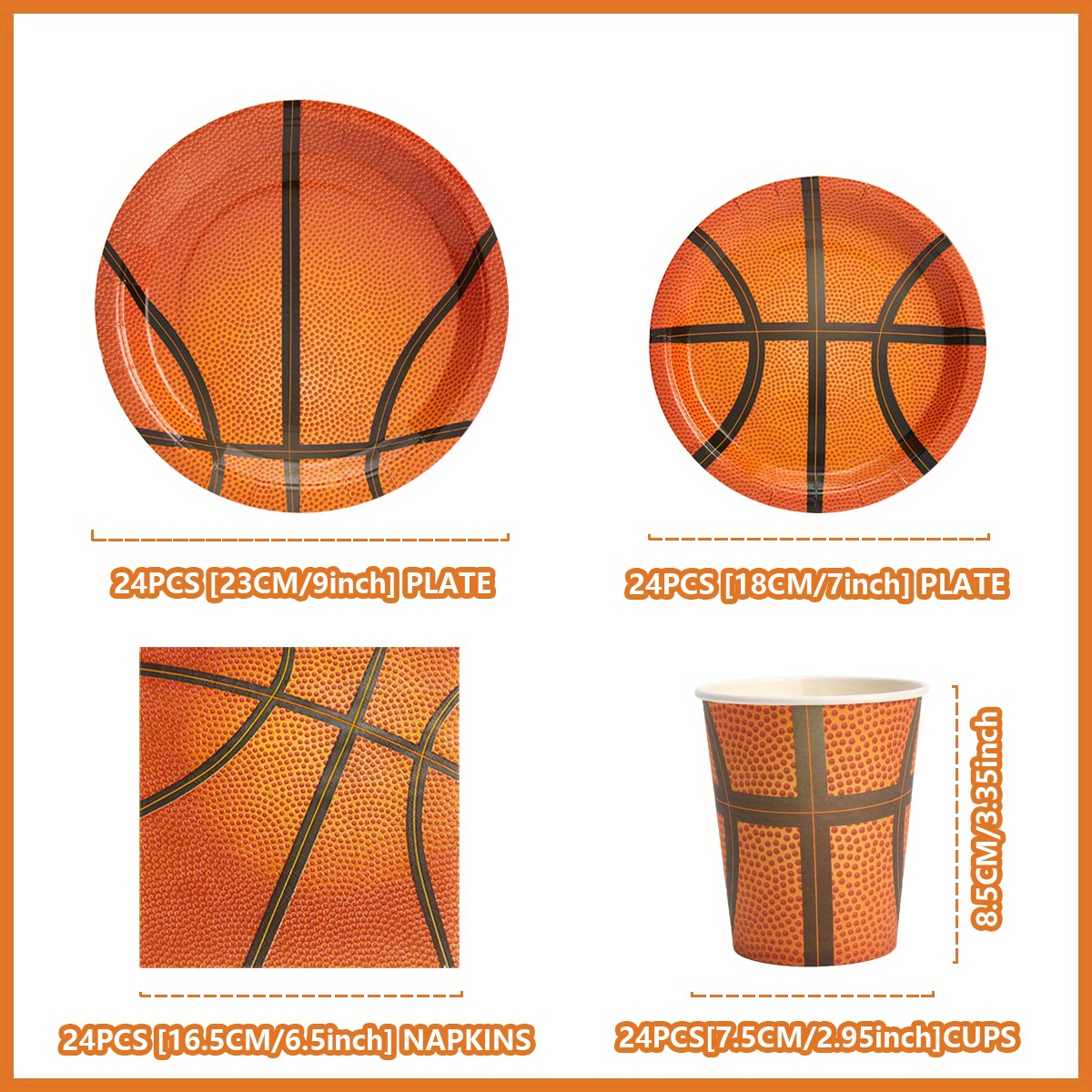 Image of 96pcs Basketball Party Tableware Set, Paper Plates Cups And Napkins, Disposable Dinnerware For Birthday, Game Day, Sports Party, Team Gathering, Tournament , Picnic And Court Theme Table Decorations
