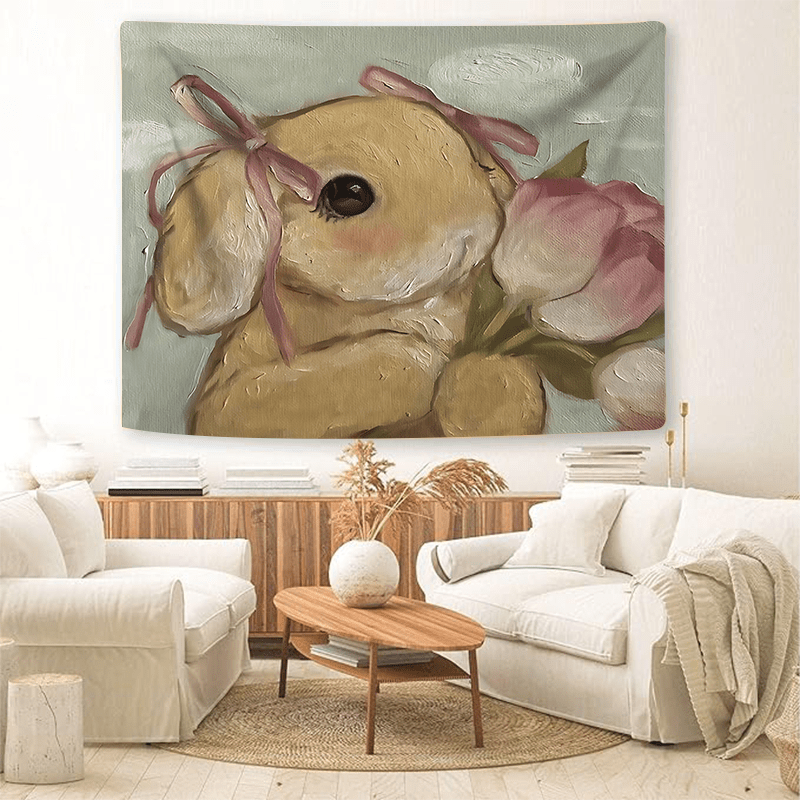 

Washable Vintage Bunny Tulip Polyester Tapestry, 37x28 Inch, Wall Art Hanging For Living Room Bedroom Dorm Decor, Includes Hanging Accessories, Gift For Friends And Family