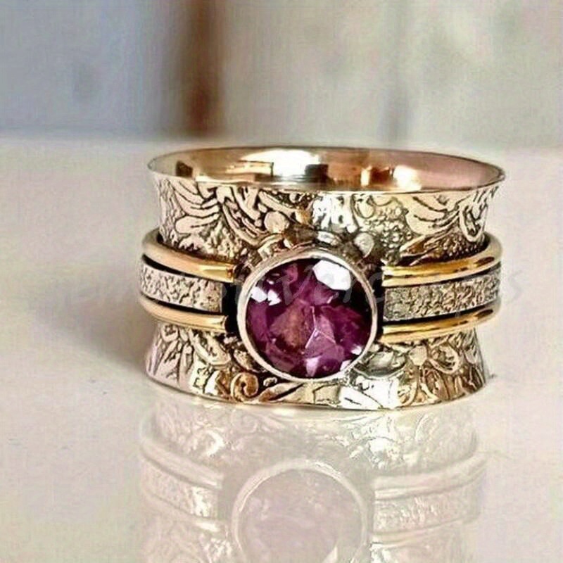 

1pc Exquisite Shining Amethyst Vintage Distinctive Golden Wide Ring Size 6- Party Gift Banquet