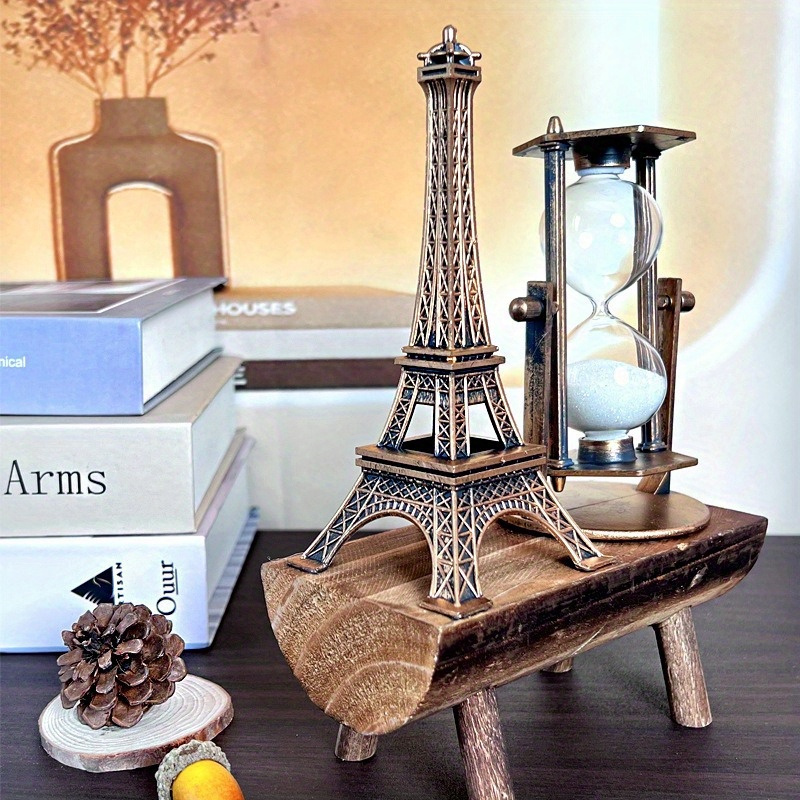 

Retro Eiffel Tower & Hourglass Timer Decor – Vintage Desktop Sand Clock, No Electricity Required, Artistic Metal & Wood Ornament For Home Or Office