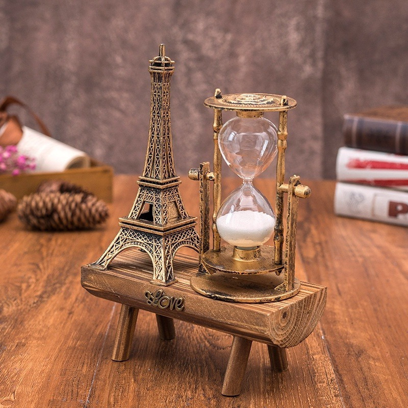 Retro Eyfel Kulesi ve Kum Saati Dekoru - Elektrik Gerektirmeyen Vintage Masaüstü Kum Saati, Ev veya Ofis için Sanatsal Metal ve Ahşap Süs