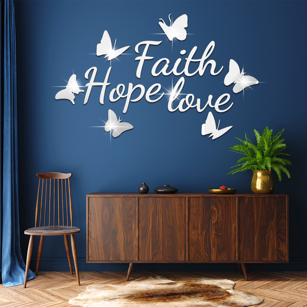 

Faith Love English Letters Acrylic With 6 Butterfly Mirror Stickers - Suitable For Bathroom, Bedroom, Living Room, Dormitory And Room Decoration - Horizontal, Art Deco Style