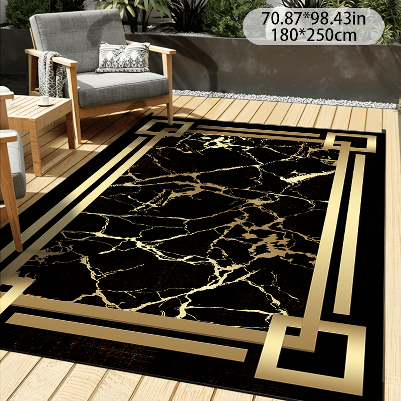 

Modern Black Marble Design Area Rug With Golden Cracks, Non-slip Polyester Mat With Velvet Top, Washable Home Decor Carpet For Living Room, Bedroom, Multiple Sizes