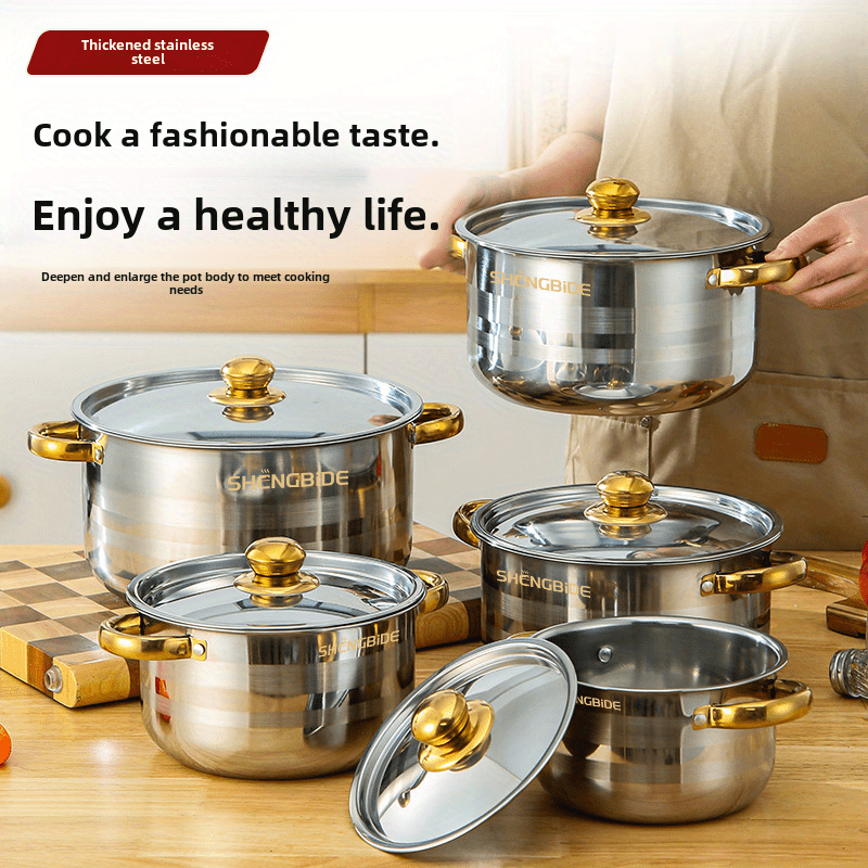 

Stainless Steel Soup Pot Set Gold-plated Dual-sided -piece 10 Pcs Set Export Cookware Set Pot