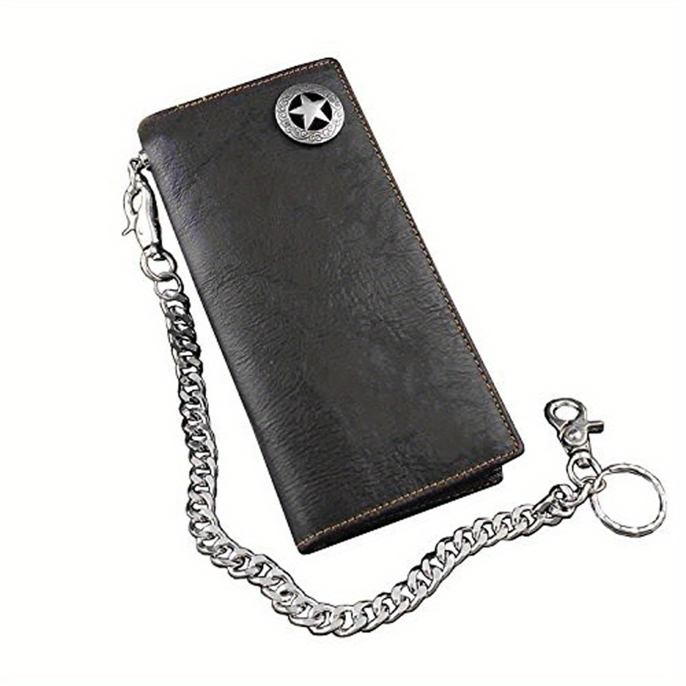 

Biker Rock Star Concho Mens Card Money Long Black Real Leahter Wallet With Chain