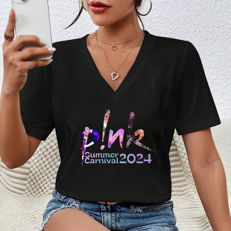 

Pink Summer Carnival 2024 Women's Casual V-neck Short Sleeve T-shirt, Lightweight Comfortable Polyester Knit With Graphic Print, Machine Washable, Regular Fit For Spring/summer/autumn