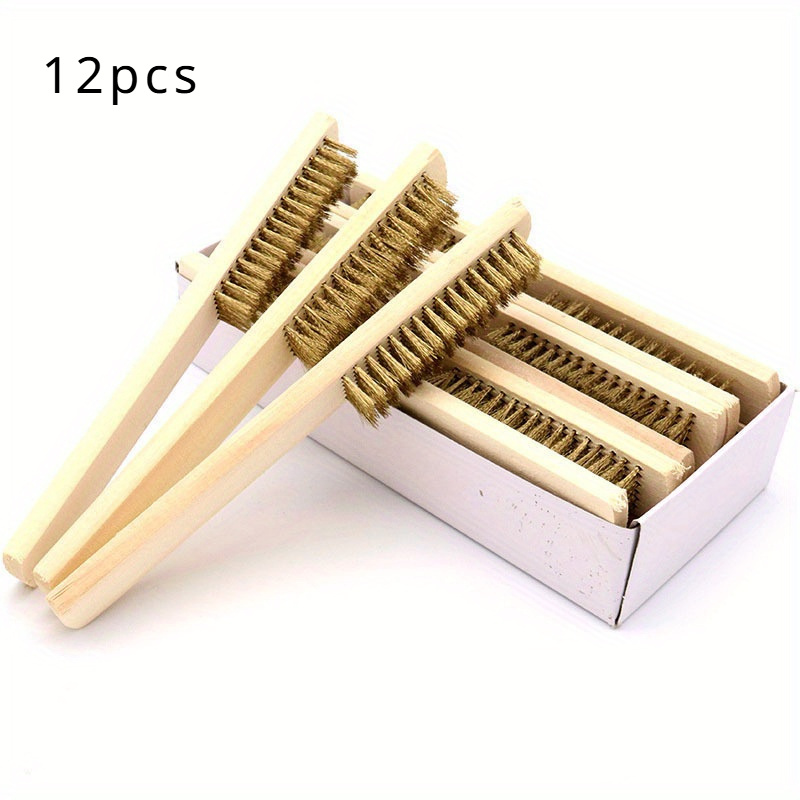 Set Of 12 Wire Brushes With Wooden Handles For Industrial Polishing, Grinding, And Cleaning, Featuring Row - Tools For Automotive Maintenance