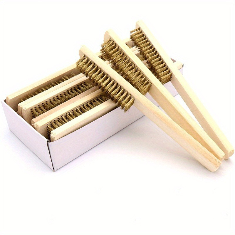 

12 Pcs Wooden Handle Brass Wire Brushes: Industrial Surface/inner Polishing, Grinding, Cleaning, 6x16 Row Brushes - Car Care Tools