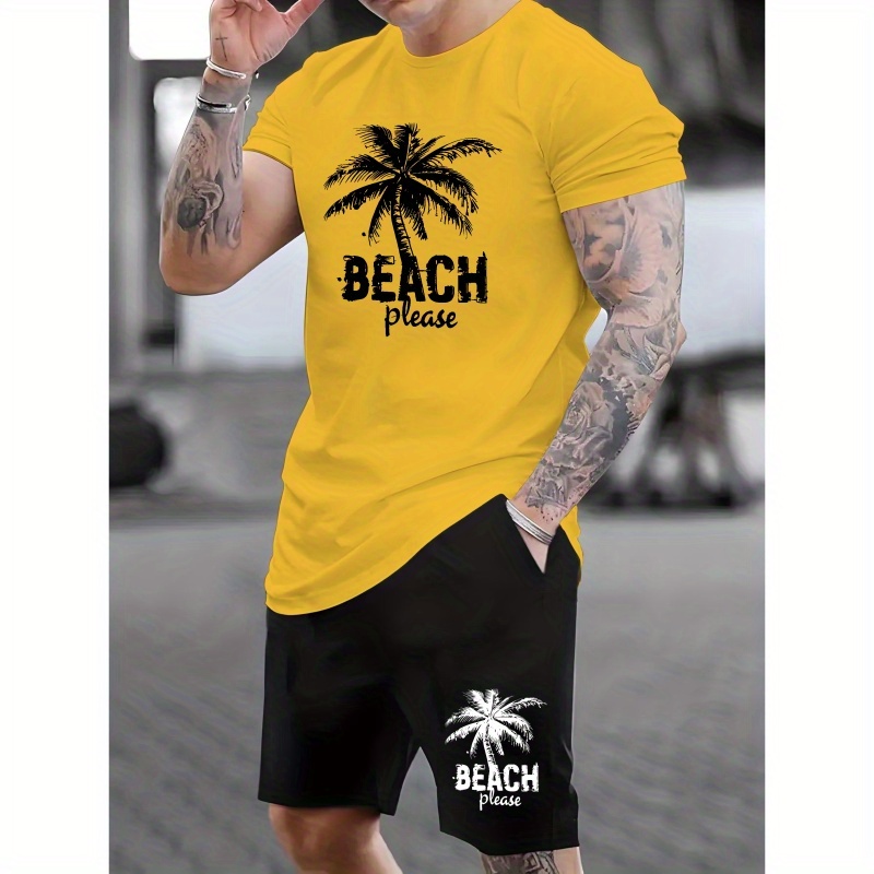 

Beach & Coconut Palm Printed Men's 2pcs Summer Breathable Short Sleeved T-shirt & Comfortable Shorts Set, Men's Trendy Regular Fit Outfits For Daily Wear & Fitness