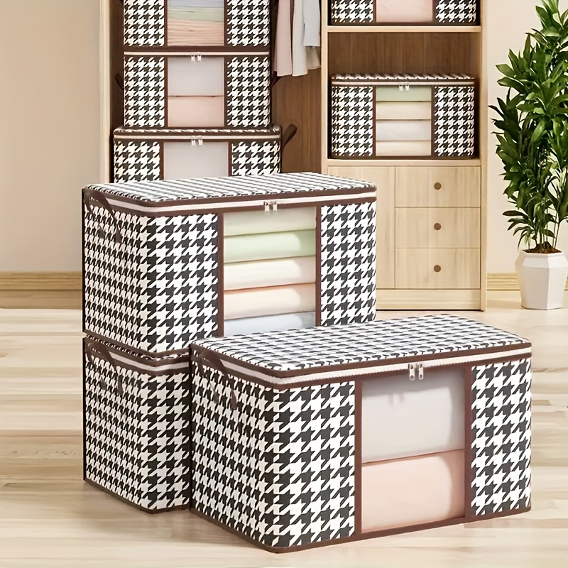 

Canvas Fabric Houndstooth Storage Bags - Large Capacity Dustproof Wardrobe Organizer With Clear Window And Zipper For Car And Home Use