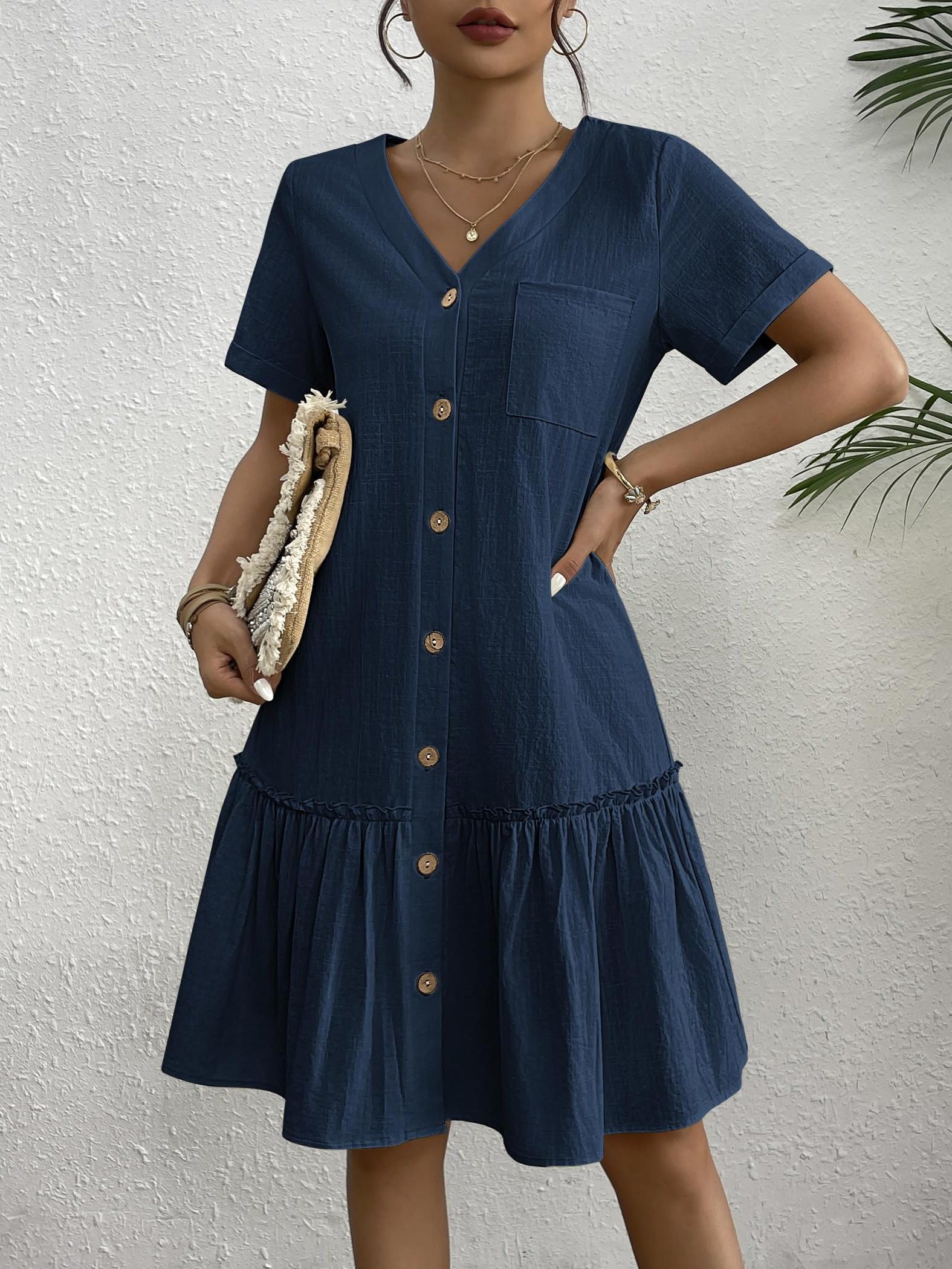 women button dress loose summer dress ruffle hem casual - Temu