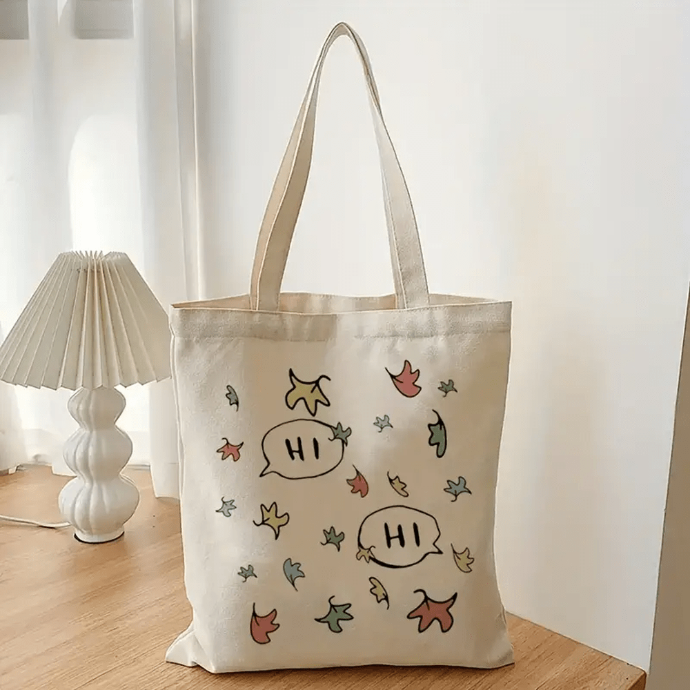 

Durable Canvas Tote Bag With Shoulder Straps And No-closure Design, 1pc Casual Large Capacity Handbag With Playful 'hi' And Leaf Motif For Everyday Carry