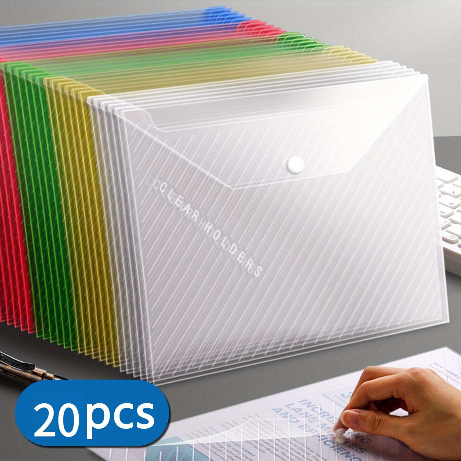 

20pcs A4 Transparent File Folders - Mixed Colors & White, Button Closure Storage Organizer For Office And School, Stylish