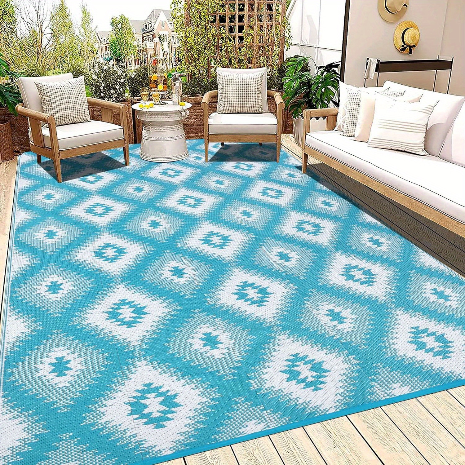 

Reversible Outdoor Rug Waterproof Patio Rug Carpet Portable Outdoor Plastic Straw Rug Large Rv Camping Mat Rug For Patio, Clearance, Deck, Beach, Porch, Camping, Picnic, Gradual Teal