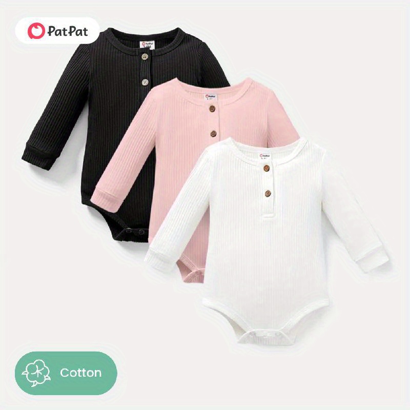 

Patpat 3-pack Baby Girl/boy Cotton Button Design Solid Color Ribbed Long-sleeve Rompers