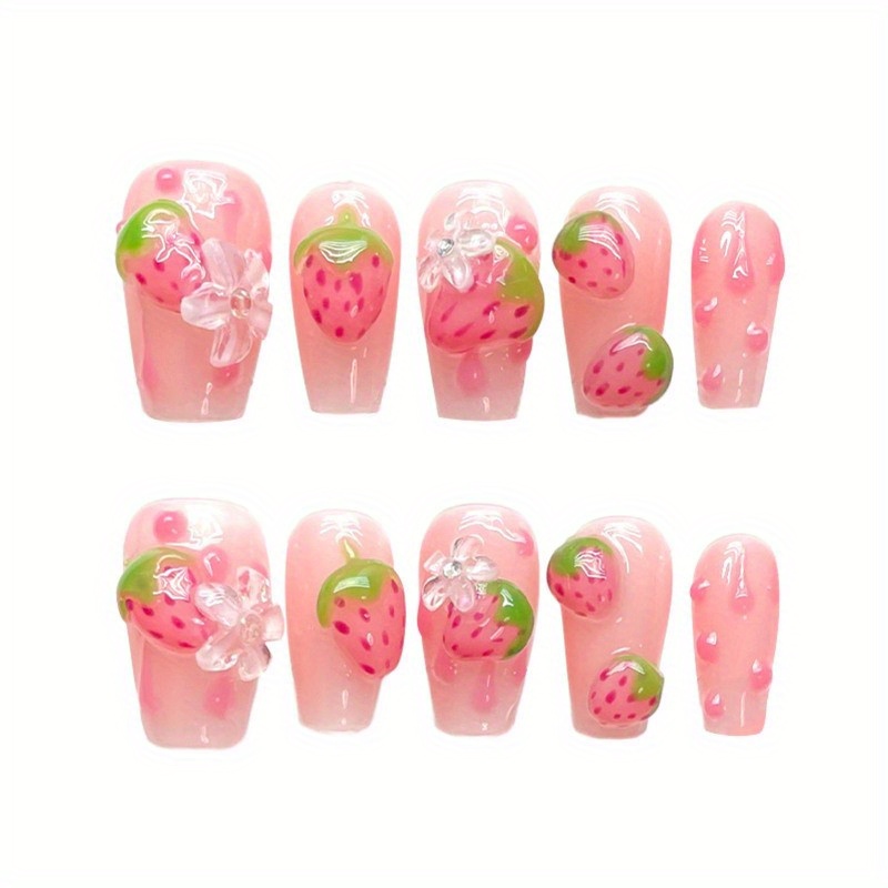 

10pcs Handmade Strawberry & Floral Coffin Press-on Nails - Pink With 3d , Medium Length, Full Cover Artificial Nails For Women & Girls