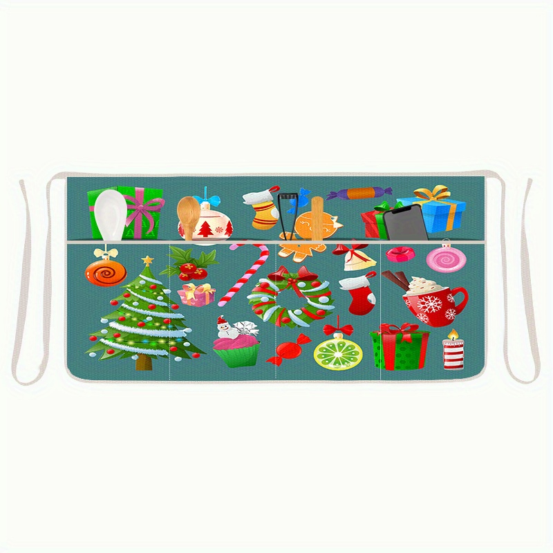 

Jolly Christmas Waist Apron: Festive Cartoon Design, 4 Pockets, Linen Material, Suitable For Cooking, Baking, And Household Chores