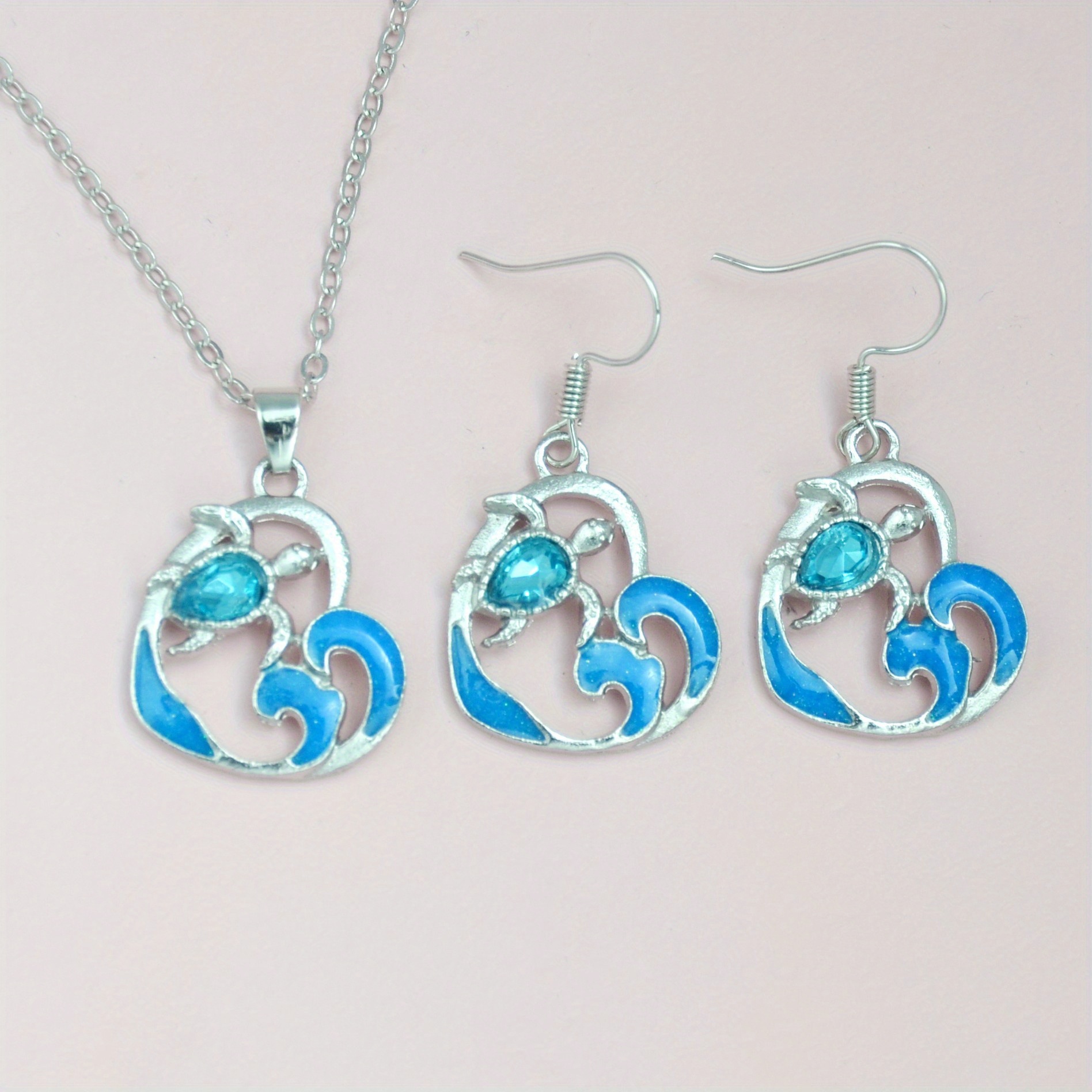 TEMU 3 pièces Collier et Boucles d'Oreilles Pendentif Tortue de Mer Cœur Bleu - Ensemble Bijoux Réglable pour Adolescents