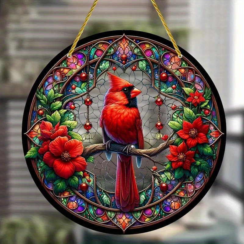 

Red Bird Poinsettia Suncatcher, Bird Dye Acrylic Window Hanging, Acrylic Round Sign Hanging Ornament, Garland Decor, Holiday Gift Window Porch Wall Home Decor