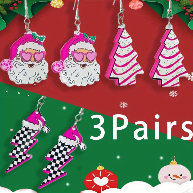 

3 Pairs Special Santa/ Christmas Tree/ Lightning Bolt Shaped Earrings, Cute Pink Color Acrylic Earrings, Christmas Gift For Women