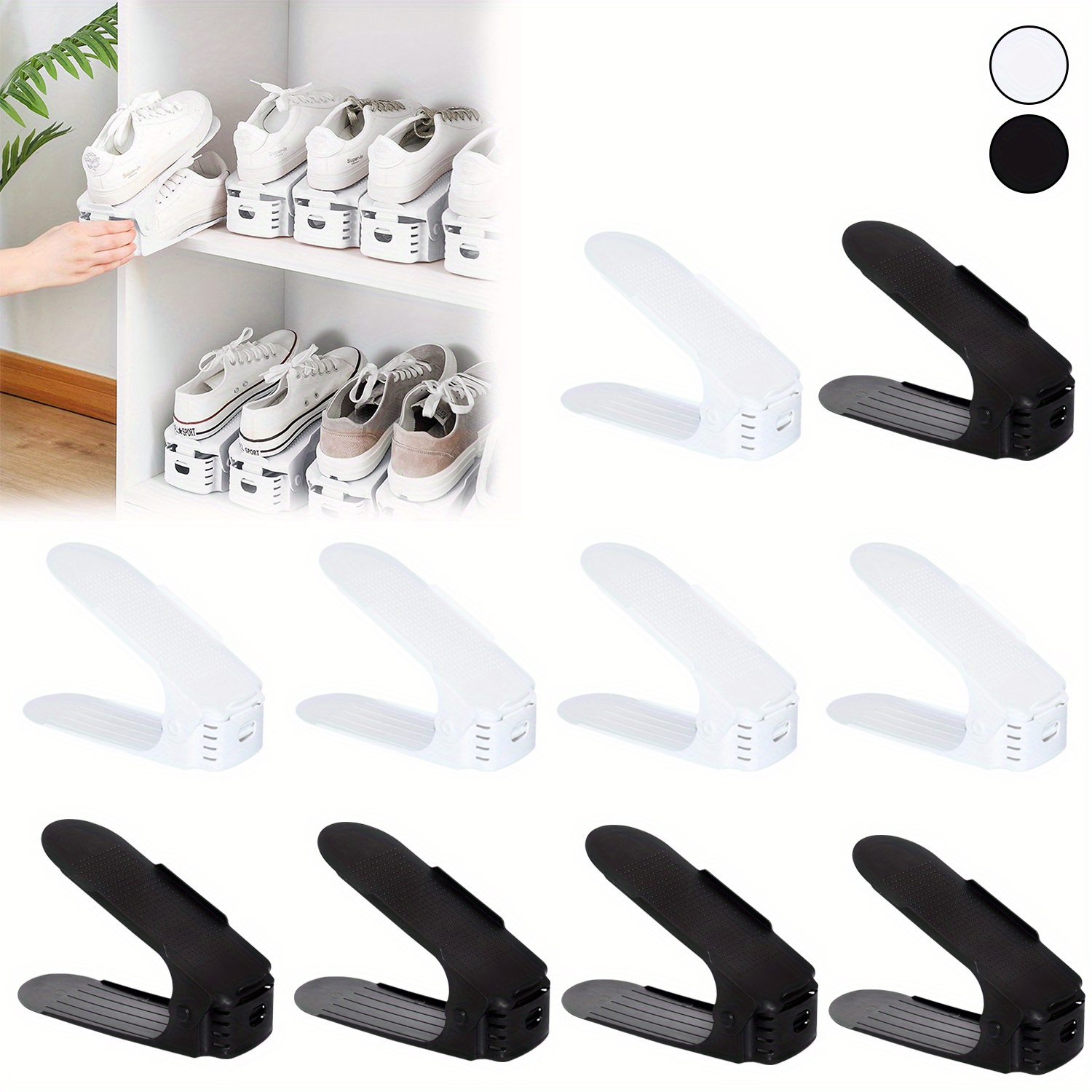 

Froadp White/black Adjustable Shoe Racks, Shoe Stacker, Shoe Holder, Space-saving, Plastic, 3 Height-adjustable Shoe Organisers, 10/ Pieces