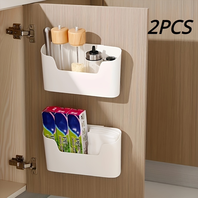 

2pcs Punch-free Wall-mounted Plastic Storage Bins For Kitchen, Bathroom, Office - Cabinet Door Organizer For Home Supplies, Kitchen Organizers And Storage