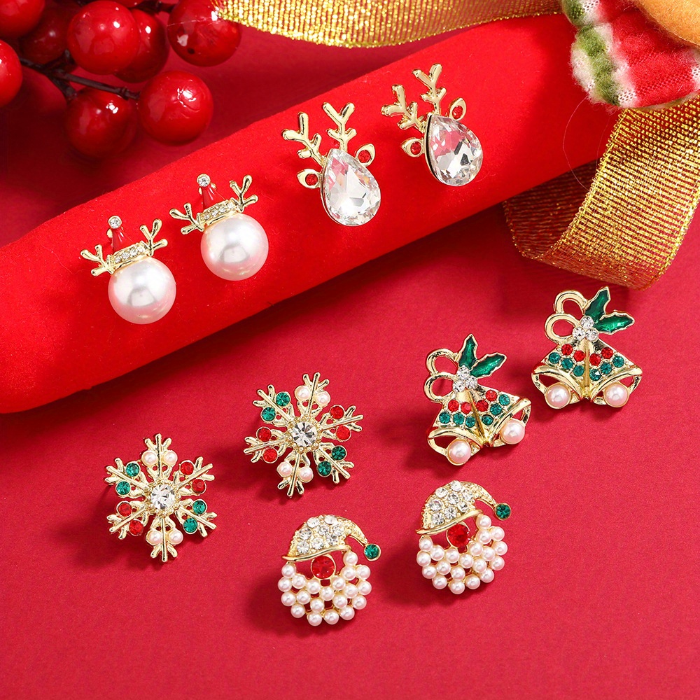 

Women Christmas Theme Colorful Earrings Inlaid With Rhinestone/ Imitation Pearl, Elegant Simple Style For Christmas Party