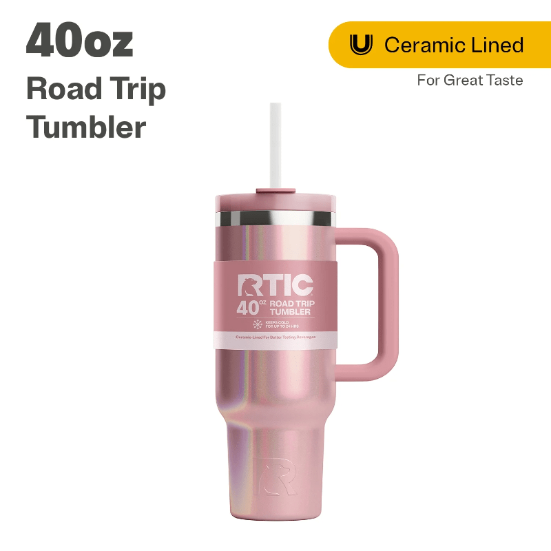 

40 Oz Ceramic Lined Road Trip Tumbler, Leak-resistant Lid With Straw, Dusty Rose Glitter