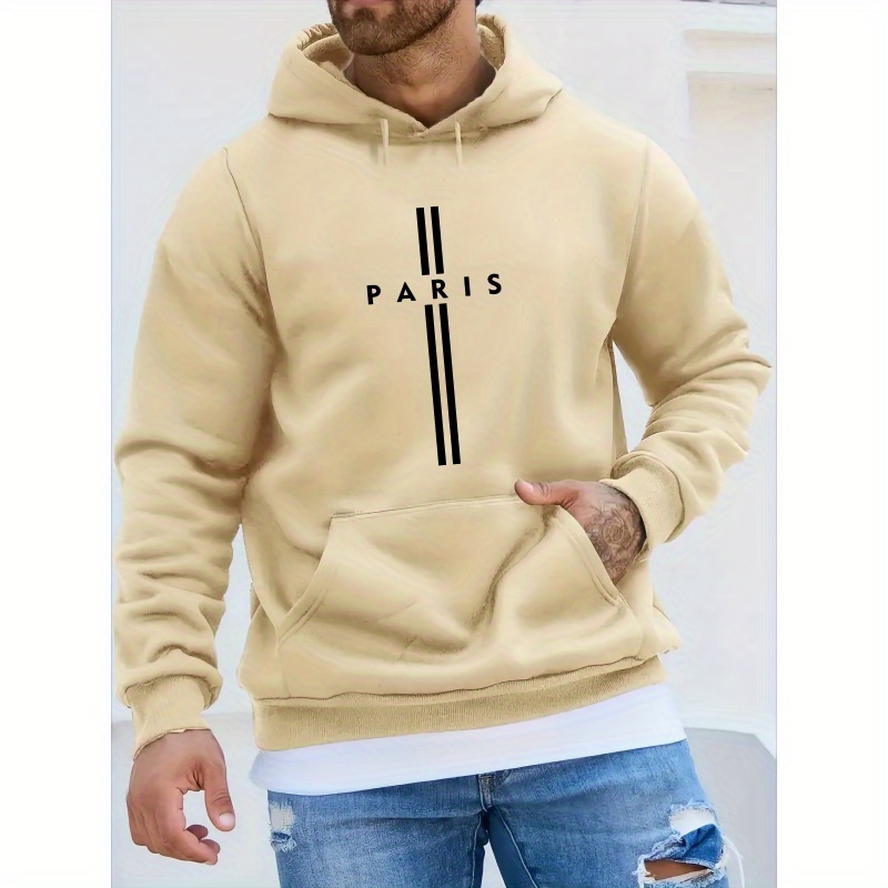 

Paris Letter Print Men's Trendy Long Sleeve Hooded Sweatshirt, Warm Fleece Hoodie With Kangaroo Pocket, Casual Comfortable Versatile Top For Autumn And Winter, As Gifts