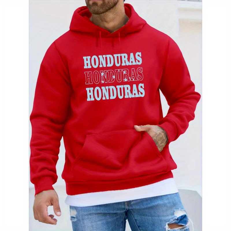 

Honduras Letter Print Men's Trendy Long Sleeve Hoodie, Warm Fleece Hooded Sweatshirt With Kangaroo Pocket, Casual Comfortable Versatile Top For Autumn And Winter, As Gifts