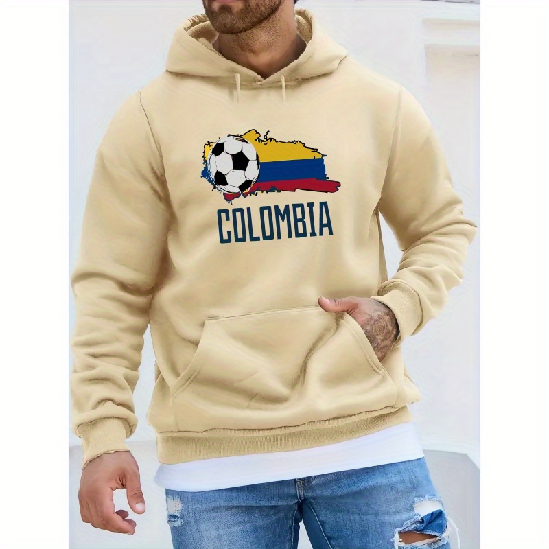 

Colombia Flag Football Graphic Print Men's Trendy Long Sleeve Hoodie, Warm Fleece Hooded Sweatshirt With Kangaroo Pocket, Casual Comfortable Versatile Top For Autumn And Winter, As Gifts