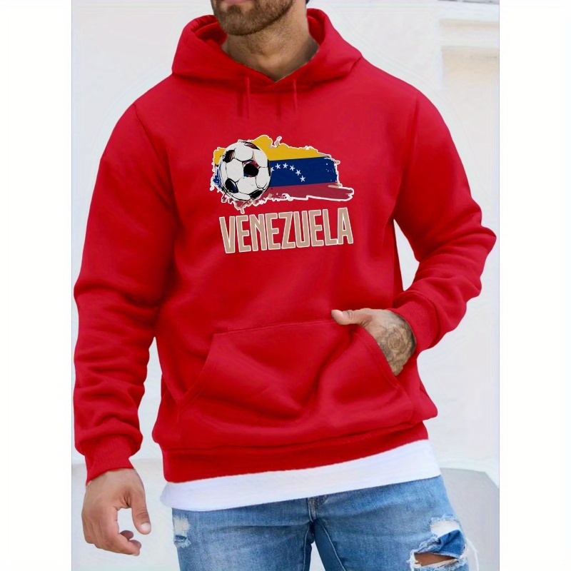 

Venezuela Flag Football Pattern Print Men's Trendy Long Sleeve Hoodie, Warm Fleece Hooded Sweatshirt With Kangaroo Pocket, Casual Comfortable Versatile Top For Autumn And Winter, As Gifts