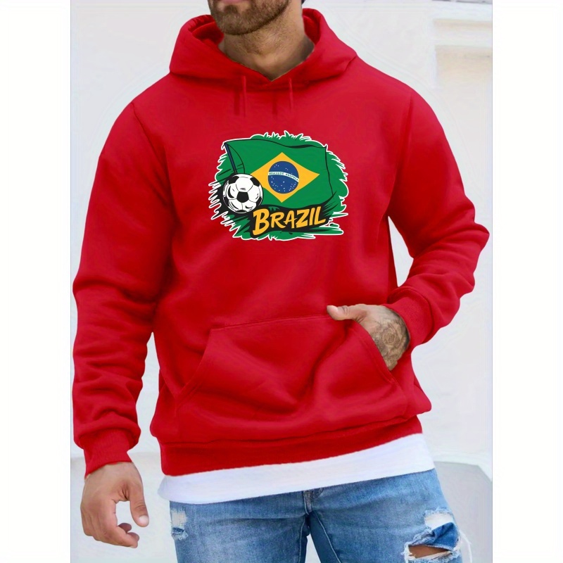 

Brazil Pattern Print Men's Trendy Long Sleeve Hoodie, Warm Fleece Hooded Sweatshirt With Kangaroo Pocket, Casual Comfortable Versatile Top For Autumn And Winter, As Gifts