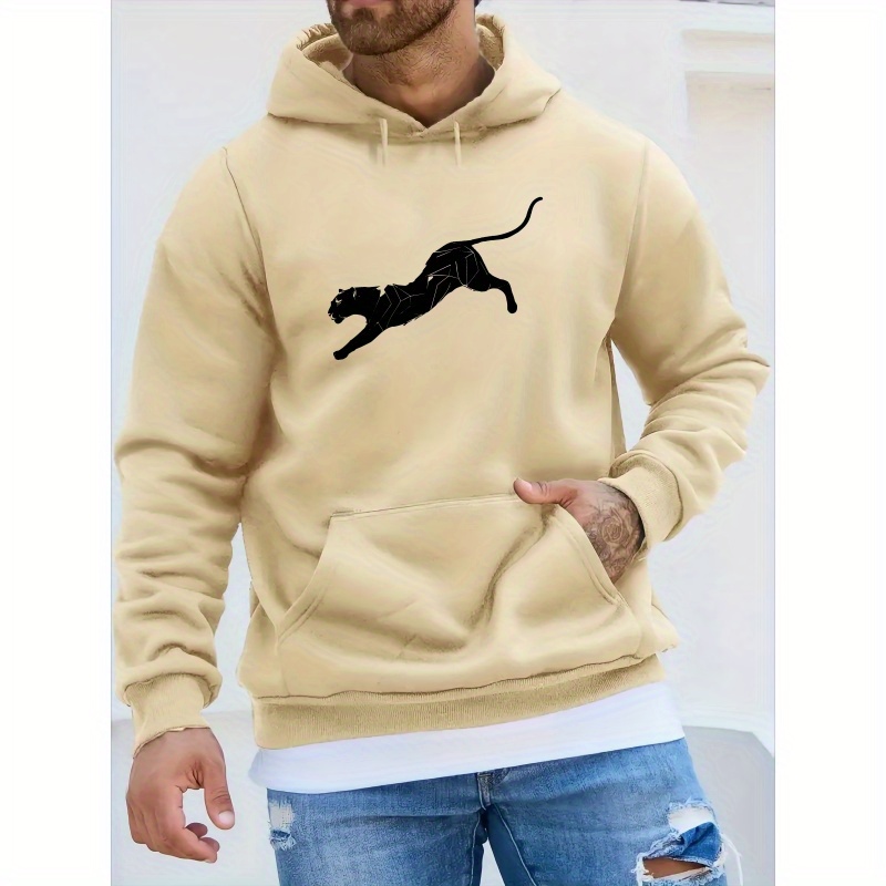 

Creative Leopard Graphic Print Men's Trendy Long Sleeve Hooded Sweatshirt, Warm Fleece Hoodie With Kangaroo Pocket, Casual Comfortable Versatile Top For Autumn And Winter, As Gifts