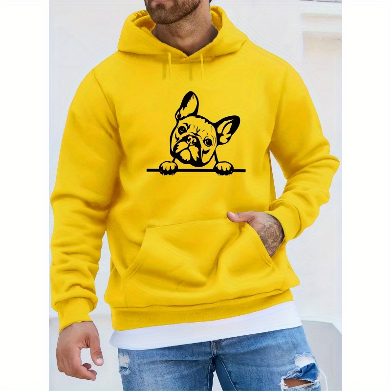 

French Bulldog Graphic Print Men's Trendy Long Sleeve Hoodie, Warm Fleece Hooded Sweatshirt With Kangaroo Pocket, Casual Comfortable Versatile Top For Autumn And Winter, As Gifts