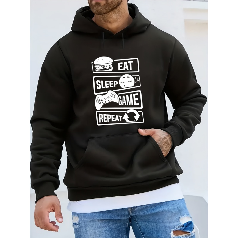 

Eat Sleep Game Repeat Pattern Print Men's Trendy Long Sleeve Hoodie, Warm Fleece Hooded Sweatshirt With Kangaroo Pocket, Casual Comfortable Versatile Top For Autumn And Winter, As Gifts