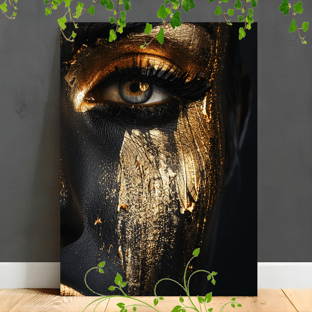 

1pc Wooden Framed Canvas Painting Artistic Printing, Corridor Home Living Room Decoration Suspensibility Woman's Face, Gold Accents, Black Background (1)