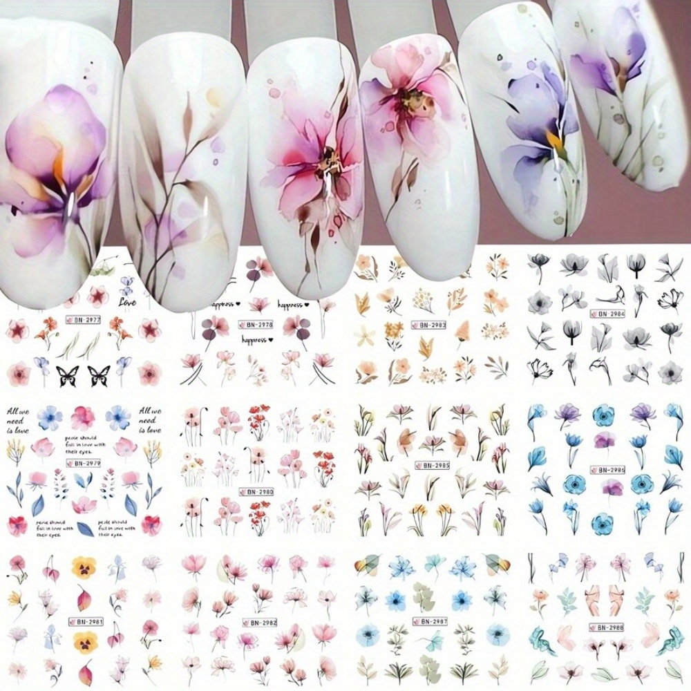 Image of 1 Sheets/12 Styles Ink Nail Water Sticker Small Floral Flower Leaves Transfer Nail Art Sticker Decal Nail Art Additions