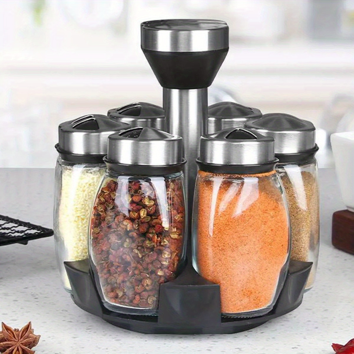 

Ensemble de pots à épices rotatifs - 7 bouteilles en verre pour assaisonnements et salières avec support, organisateur de cuisine multifonctionnel facile à installer