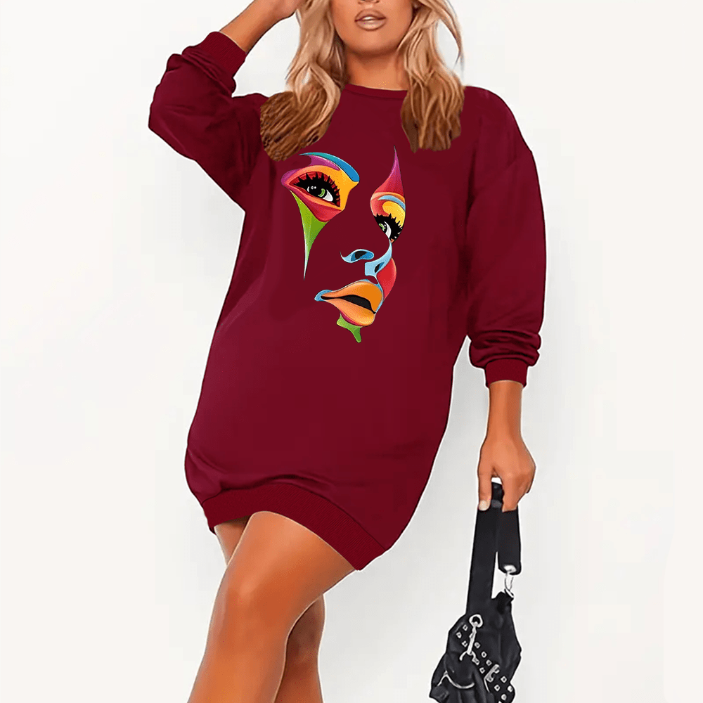 

Plus Size Face Print Sweatshirt Dress, Casual Long Sleeve Crew Neck Fleece Liner Dress For Fall & Winter, Women's Plus Size Clothing