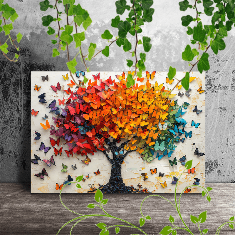 

1pc Wooden Framed Canvas Painting Artistic Printing, Corridor Home Living Room Decoration Suspensibility Tree With Colorful Butterflies