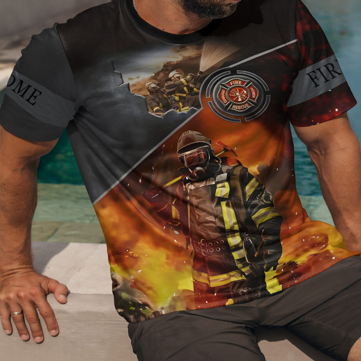 

3d Firefighter Pattern Print Men's Crew Neck Short Sleeve T-shirt, Casual Summer T-shirt For Daily Wear And Vacation Resorts