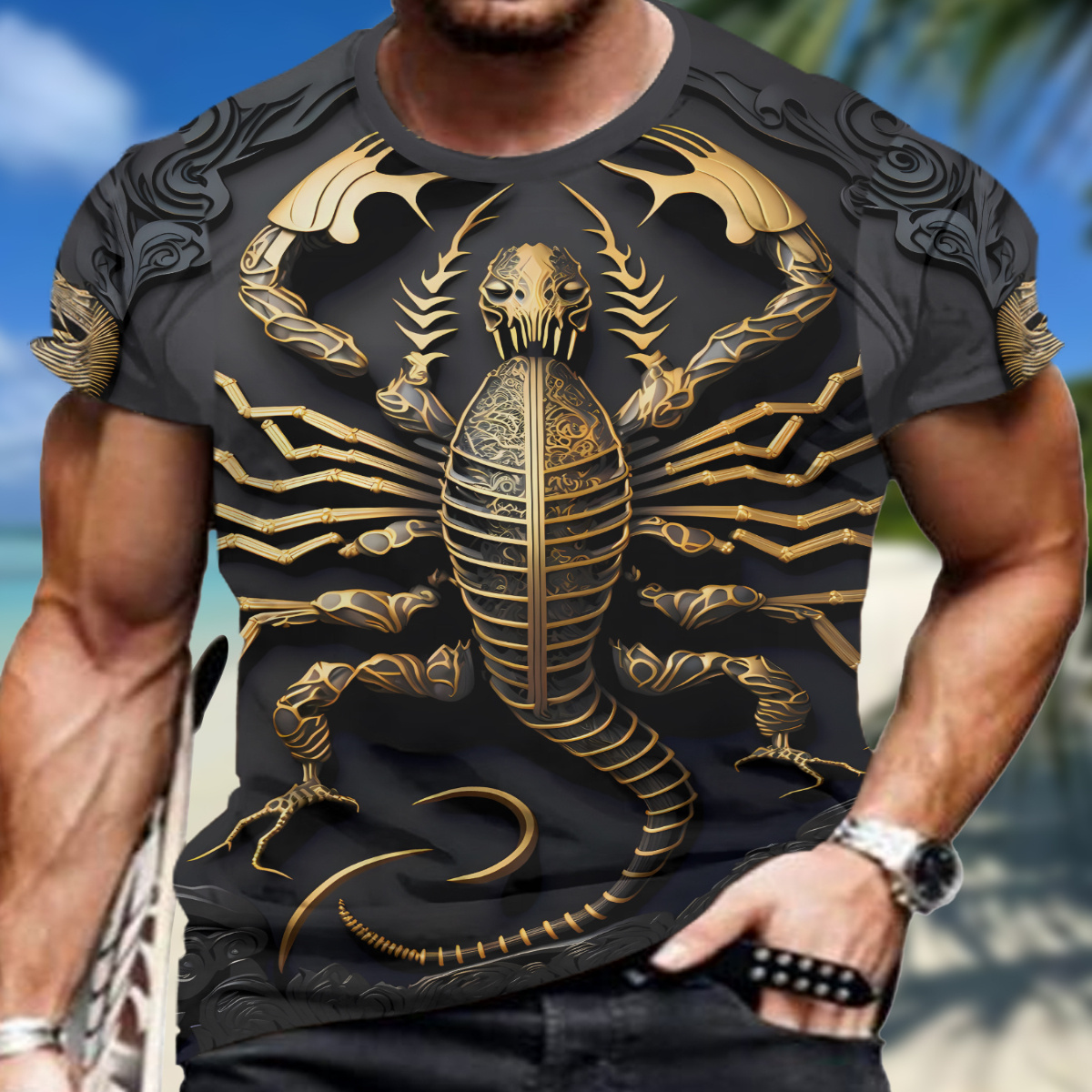 

Print T-shirt, Men's Casual Stretch Round Neck Tee Shirt For Summer