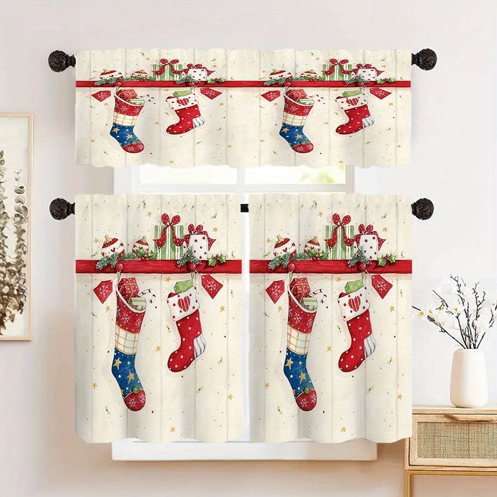 

Vintage Christmas Socks Design Curtain - Rod Pocket Polyester , Living Room, Bedroom, Kitchen, Bathroom, And More - Home & Cafe Decor, 1pc/2pcs